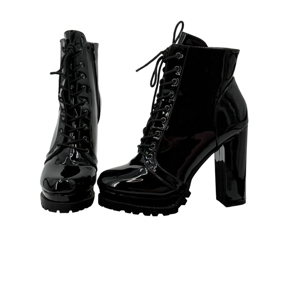 Black Faux Patent Leather Lug Sole Platform Heel Boots 10 | Baddie Dark Romance - Picture 12 of 16